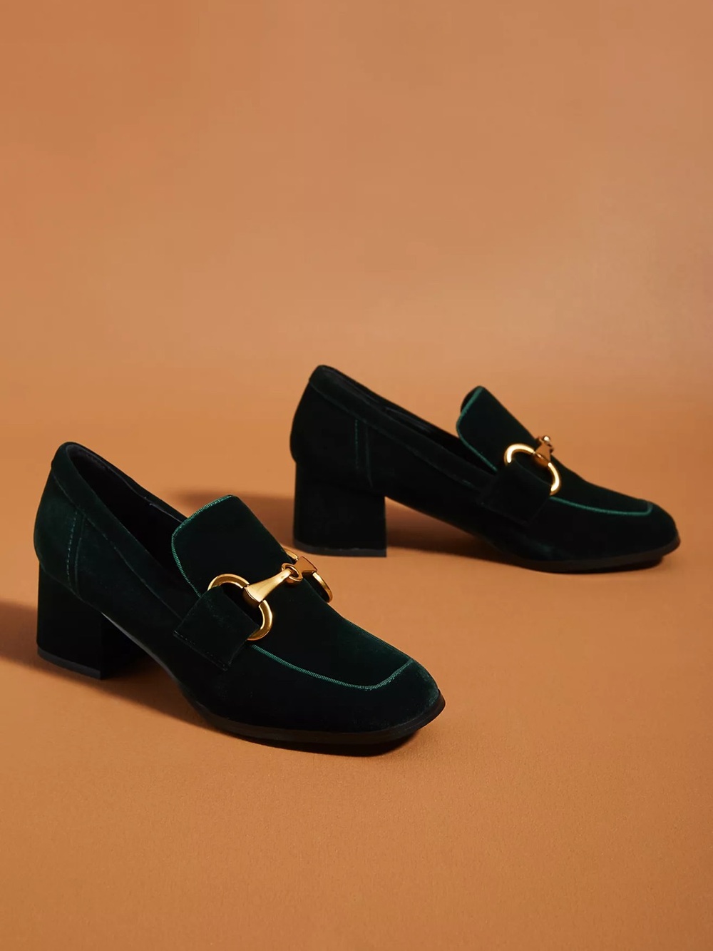 Bibi Lou Anthropologie Dark Green Velvet Block Heel Loafers Gold Hardware Size 9